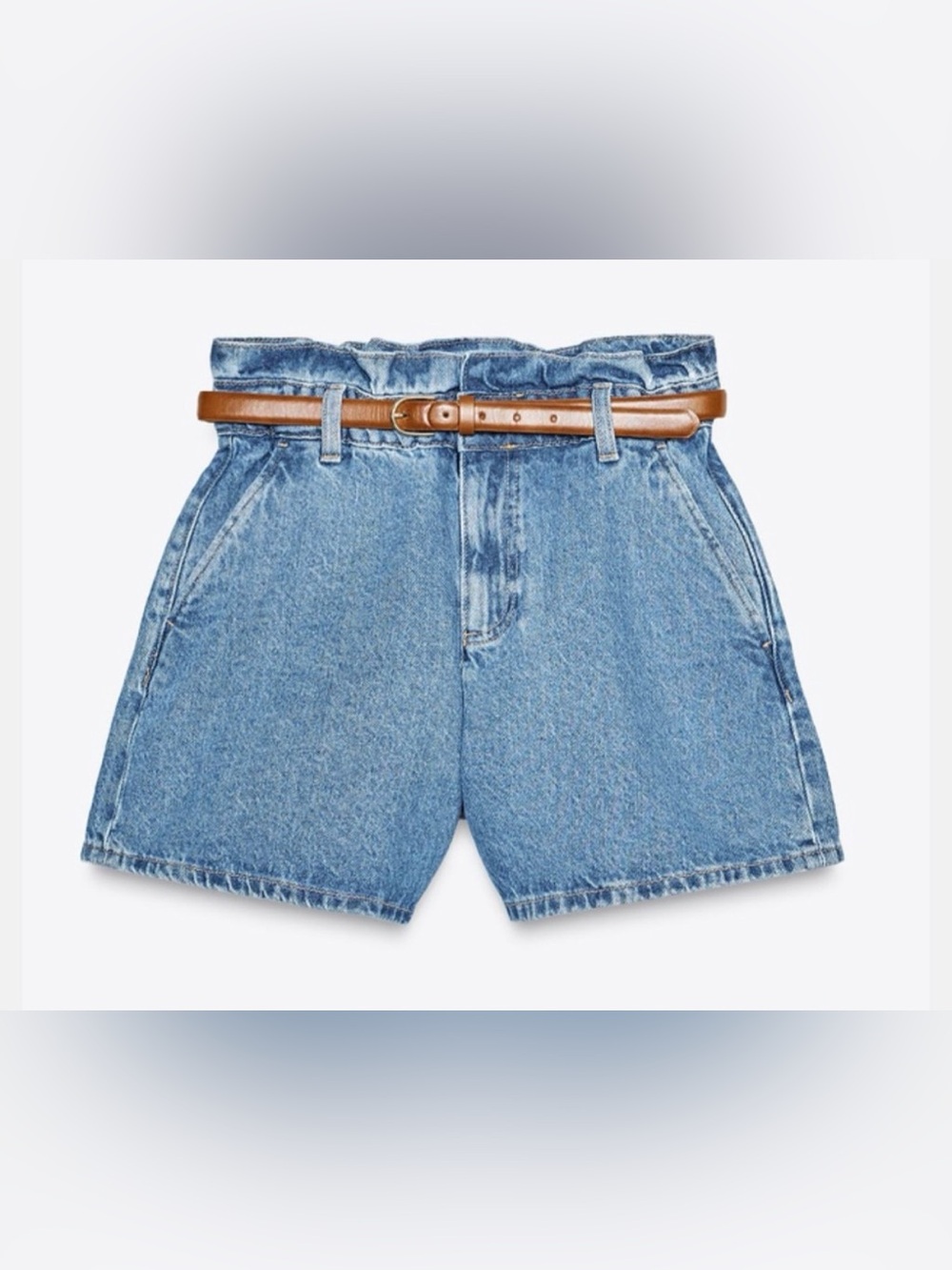 NWT Zara High Waisted Paperbag Denim Shorts with Brown Belt Size 8